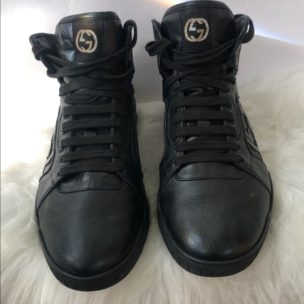 Gucci Men's Black Leather Sneakers Size 6.5 Black High Lace Up Sneakers w/COA - Picture 1 of 10